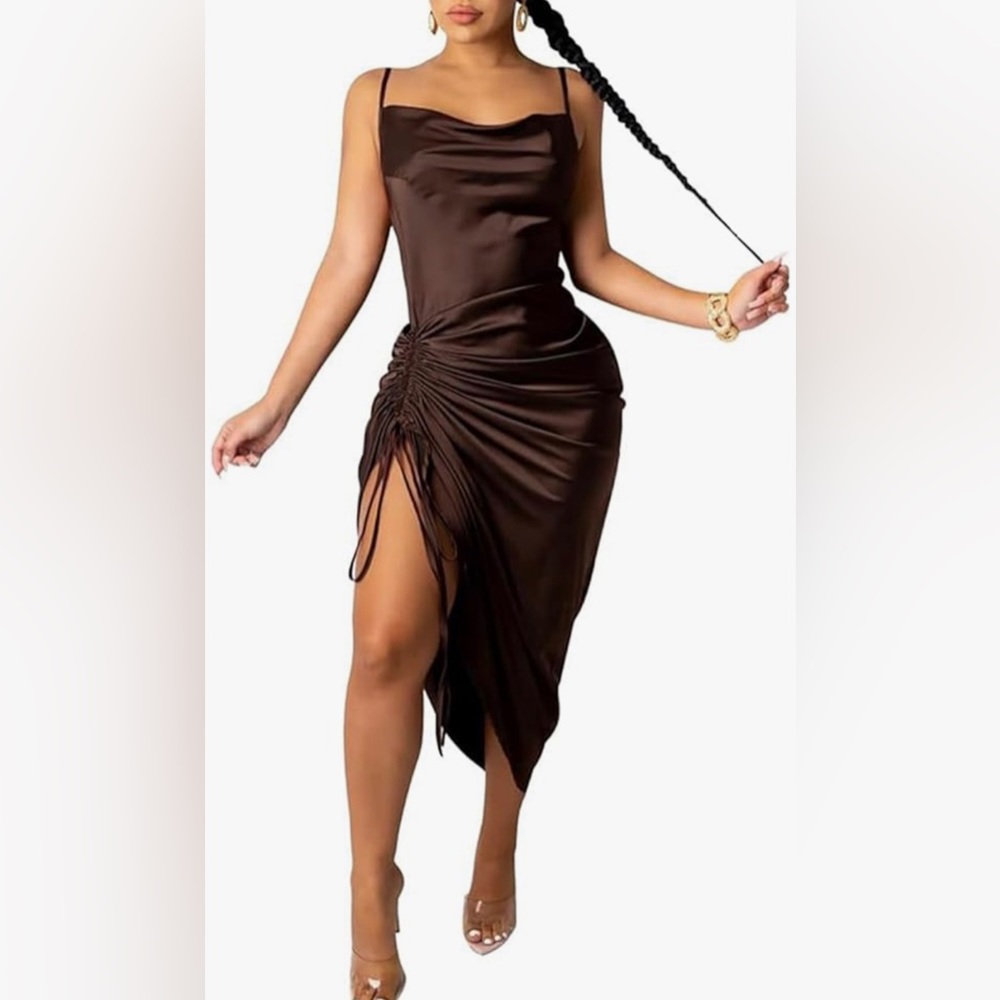 Asymmetrical satin chocolate brown adjustable side dress